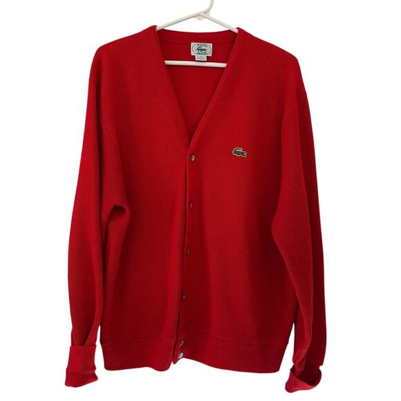 Izod Lacoste Vintage Red Acrylic Grandpa Sweater 80's Size L Made in USA